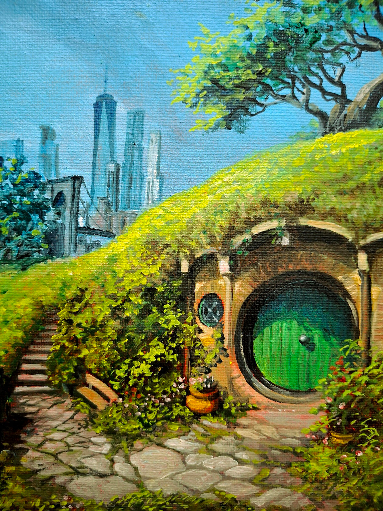 Original oil painting Wizard arriving to the Shire, Brooklyn, New York