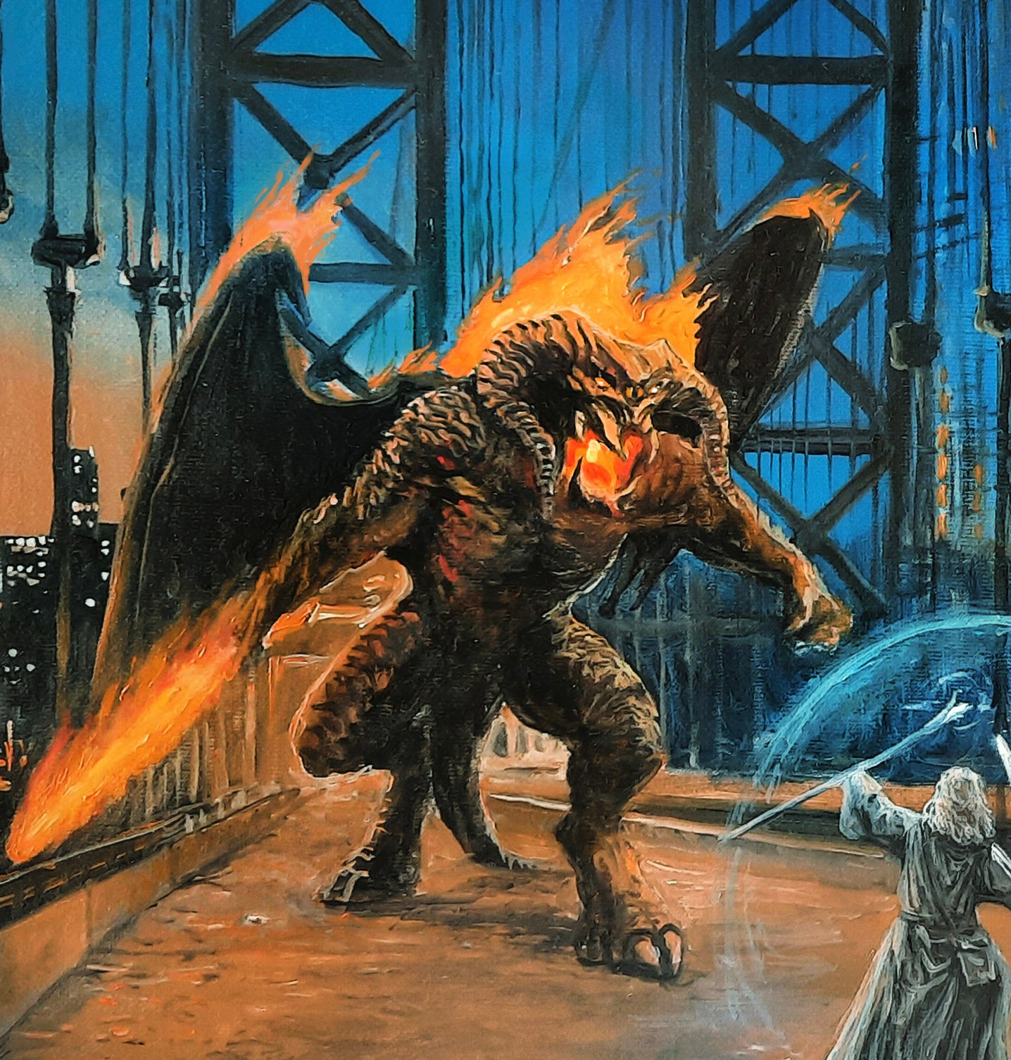 Original oil painting Wizard faces a demon on Manhattan Bridge