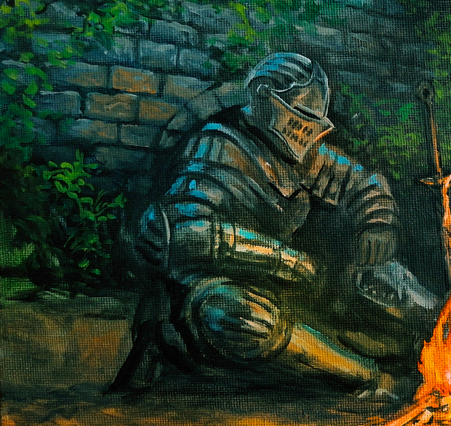 Original oil painting The Bonfire