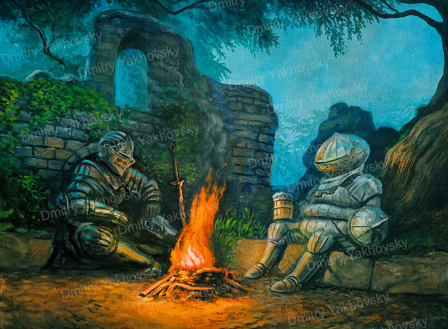 Original oil painting The Bonfire
