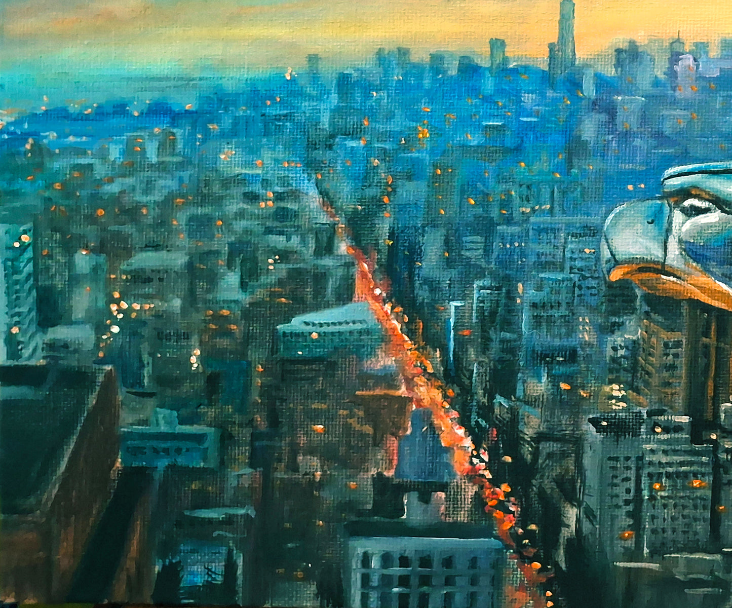 Original oil painting Wizard and Eagle on Chrysler Building in New York