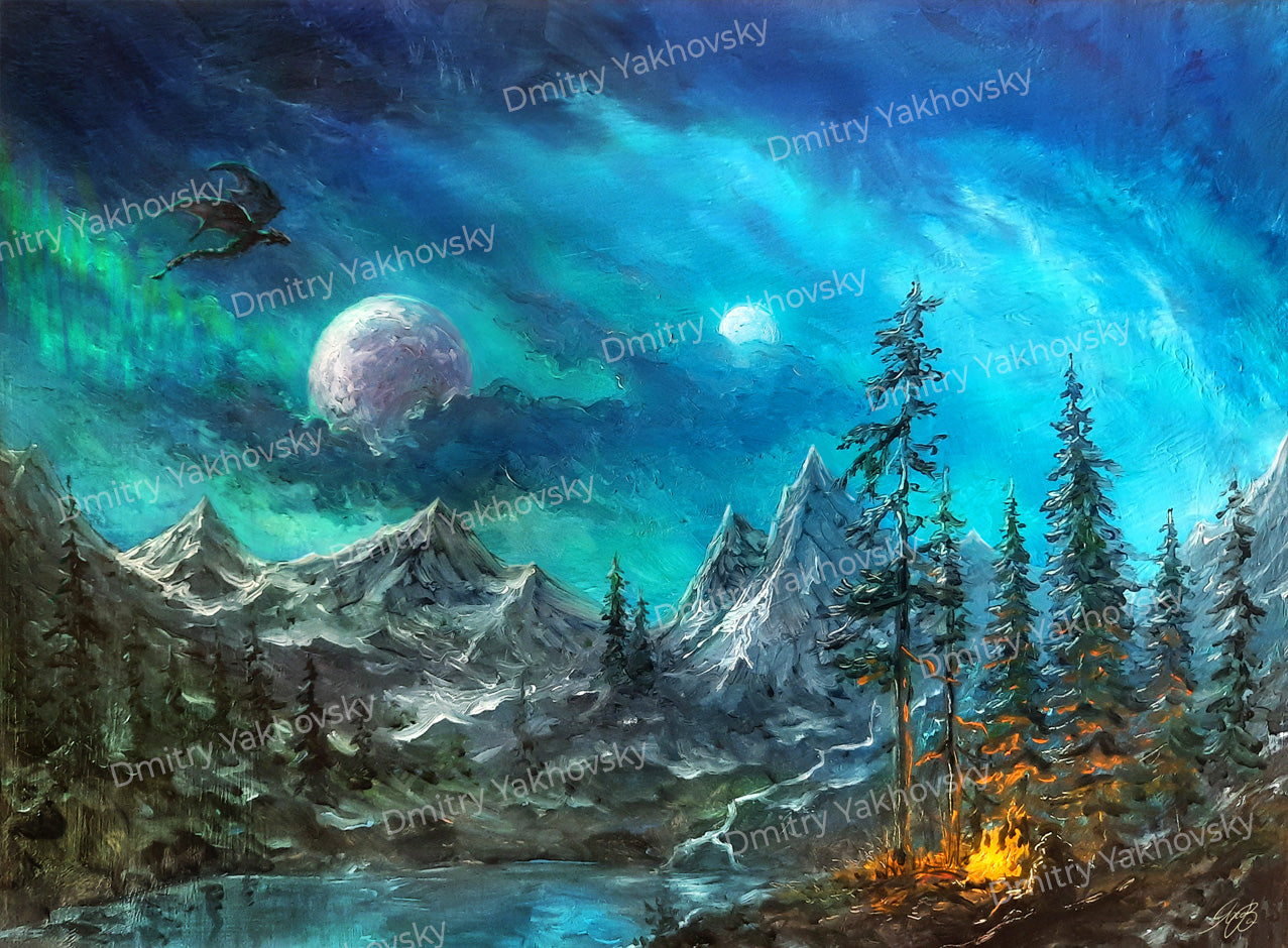 Original oil painting Night in Skyrim