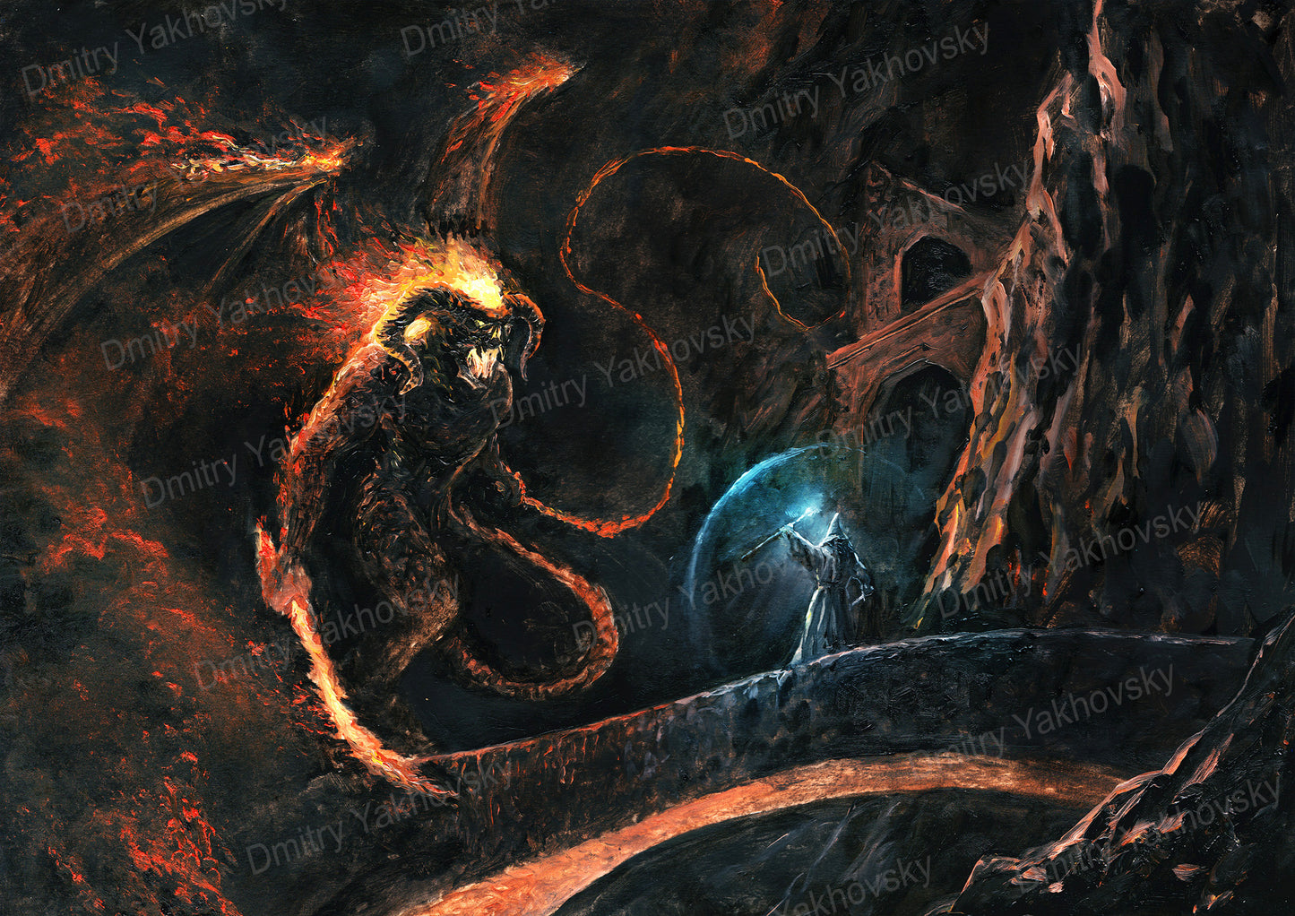 Wizard battles a demon on a bridge