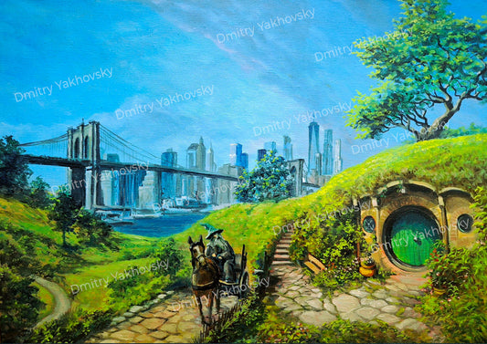 Original oil painting Wizard arriving to the Shire, Brooklyn, New York