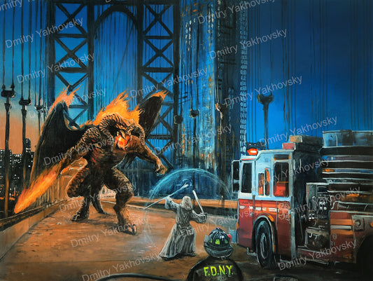 Original oil painting Wizard faces a demon on Manhattan Bridge