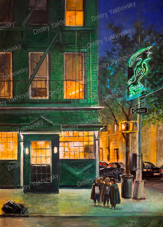 Original oil painting Green Dragon Nighthawks