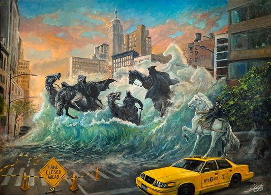 Original oil painting Black Riders crossing street