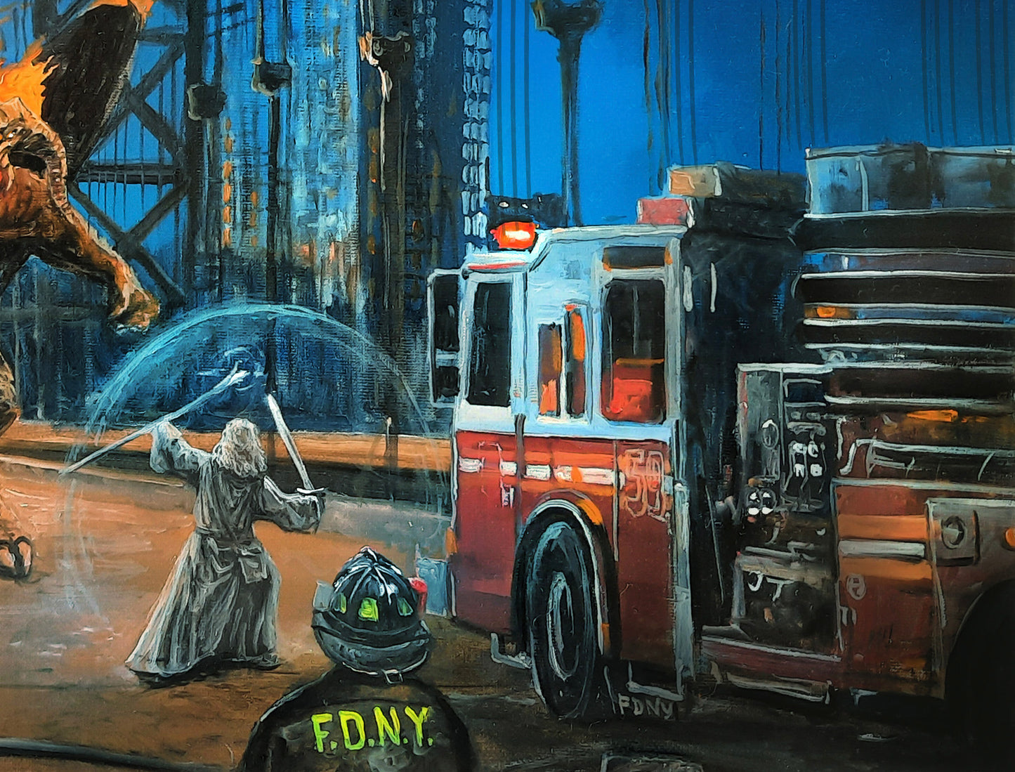 Original oil painting Wizard faces a demon on Manhattan Bridge
