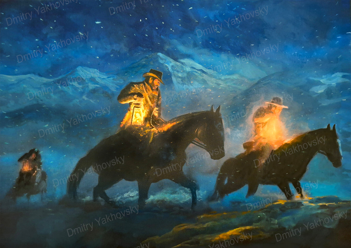 Original oil painting of Arthur riding with the gang
